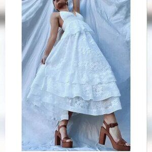 GIANNI BINI MIDORI LACE OVERLAY V-NECK PEPLUM LAYERED A-LINE DRESS 12